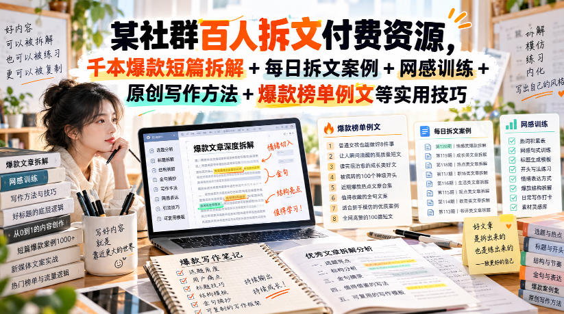 某社群百人拆文付费资源,千本爆款短篇拆解+每日拆文案例+网感训练+原创写作方法+爆款榜单例文等实用技巧(持续更新) 某社群百人拆文付费资源,千本爆款短篇拆解+每日拆文案例+网感训练+原创写作方法+爆款榜单例文等实用技巧(持续更新)