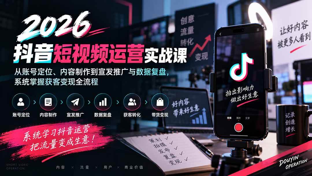 （20406期）2026抖音短视频运营实战课：从账号定位、内容制作到宣发推广与数据复盘，系统掌握获客变现全流程-宝藏屋创业网