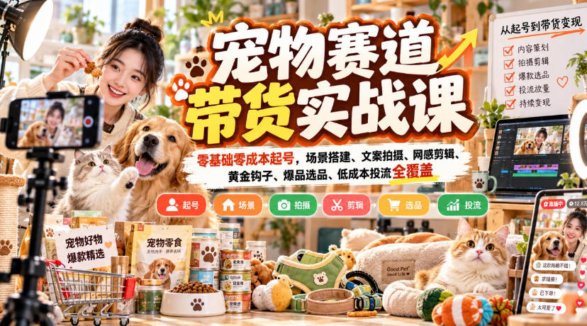 宠物赛道带货实战课，零基础零成本起号，场景搭建、文案拍摄、网感剪辑、黄金钩子、爆品选品、低成本投流全覆盖-宝藏屋创业网