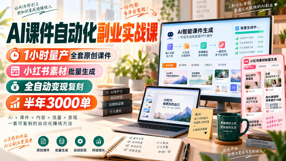 AI课件自动化副业实战课，1小时量产全套原创课件，小红书素材批量生成，全自动变现复刻，半年3000单-宝藏屋创业网