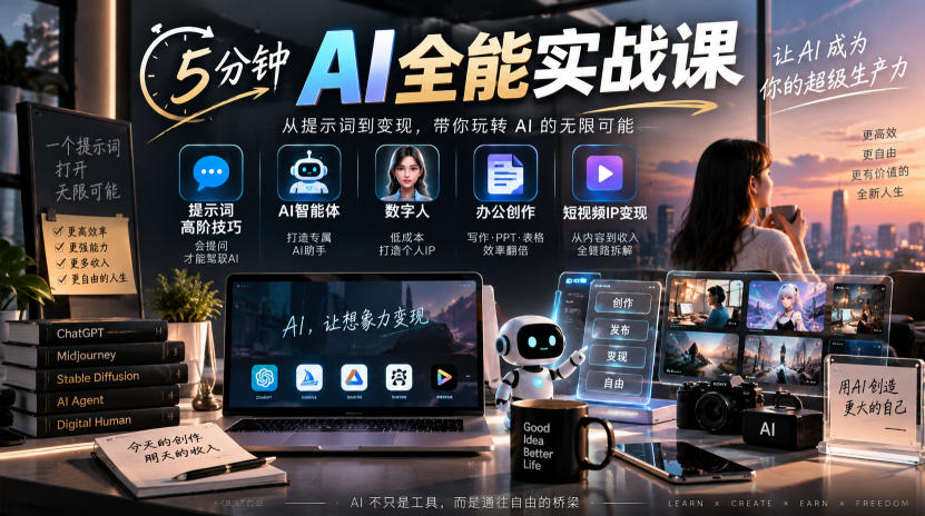5分钟AI全能实战课｜提示词高阶技巧+AI智能体+数字人+办公创作+短视频IP变现全教程-宝藏屋创业网