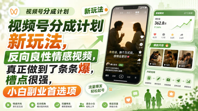 视频号分成计划新玩法，反向良性情感视频，真正做到了条条爆，槽点很强，小白副业首选项-宝藏屋创业网