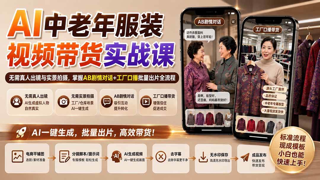 （20198期）AI中老年服装视频带货实战课：无需真人出镜与实景拍摄，掌握AB剧情对话+工厂口播批量出片全流程