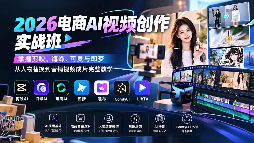 （20466期）2026电商AI视频创作实战班：掌握剪映、海螺、可灵与即梦，从人物替换到营销视频成片完整教学-宝藏屋创业网