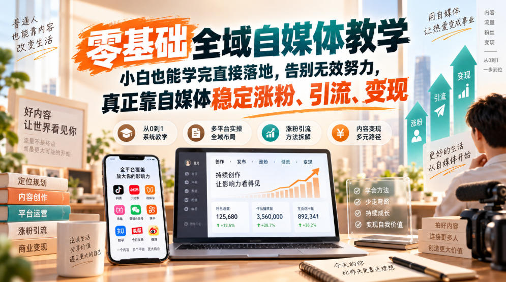 零基础全域自媒体教学，小白也能学完直接落地，告别无效努力，真正靠自媒体稳定涨粉、引流、变现-宝藏屋创业网