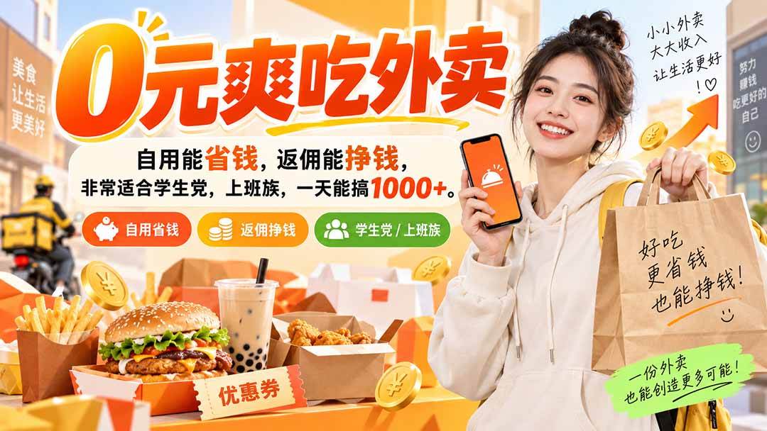 （20309期）0元爽吃外卖，自用能省钱，返佣能挣钱，非常适合学生党，上班族，一天能搞1000+-宝藏屋创业网