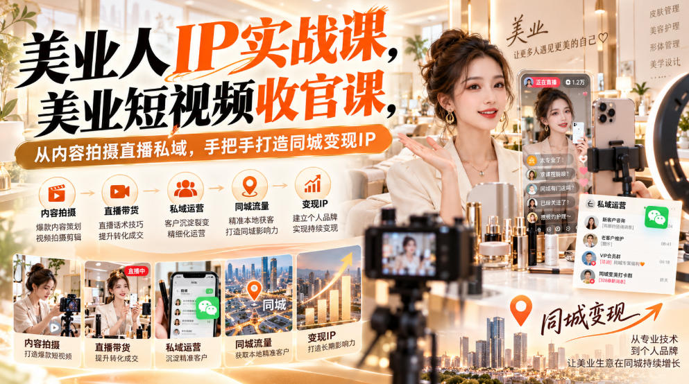 【无水印】美业人IP实战课，美业短视频收官课，从内容拍摄直播私域，手把手打造同城变现IP-宝藏屋创业网