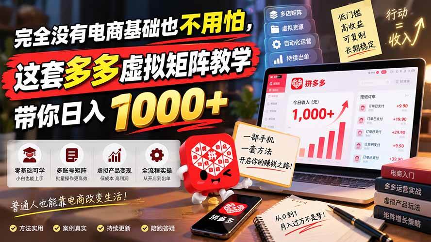 （20454期）完全没有电商基础也不用怕，这套多多虚拟矩阵教学带你日入 1000+-宝藏屋创业网