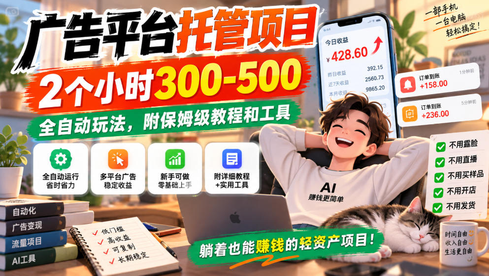 广告平台托管项目，2个小时300-500，全自动玩法，附保姆级教程和工具，小白照着就能做【揭秘】-宝藏屋创业网