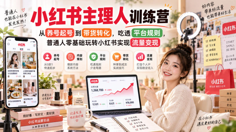 小红书主理人训练营，从养号起号到带货转化，吃透平台规则，普通人零基础玩转小红书实现流量变现-宝藏屋创业网