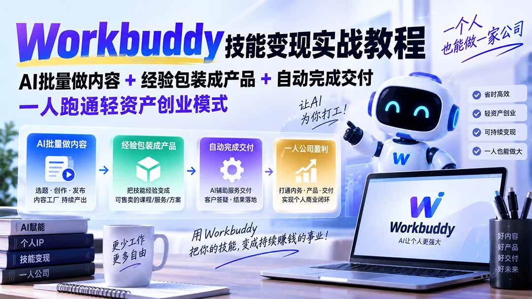 （20492期）Workbuddy技能变现实战教程：AI批量做内容+经验包装成产品+自动完成交付，一人跑通轻资产<a href=