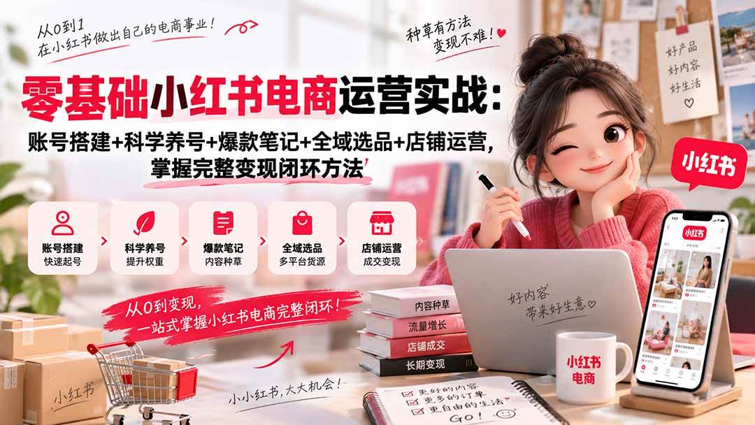 （20467期）零基础小红书电商运营实战：账号搭建+科学养号+爆款笔记+全域选品+店铺运营，掌握完整变现闭环方法