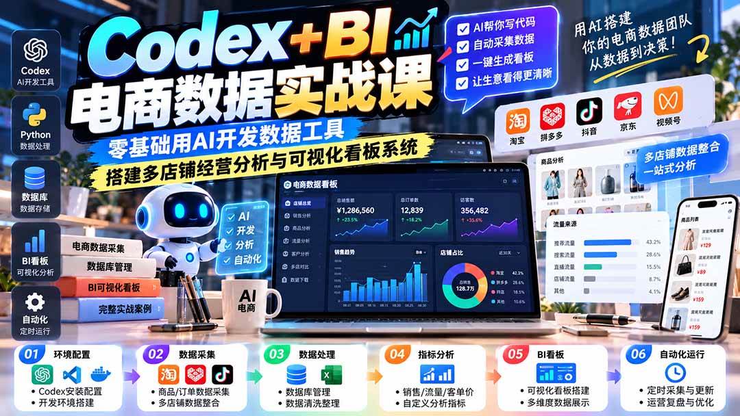 （20665期）Codex+BI电商数据实战课：零基础用AI开发数据工具，搭建多店铺经营分析与可视化看板系统-宝藏屋创业网