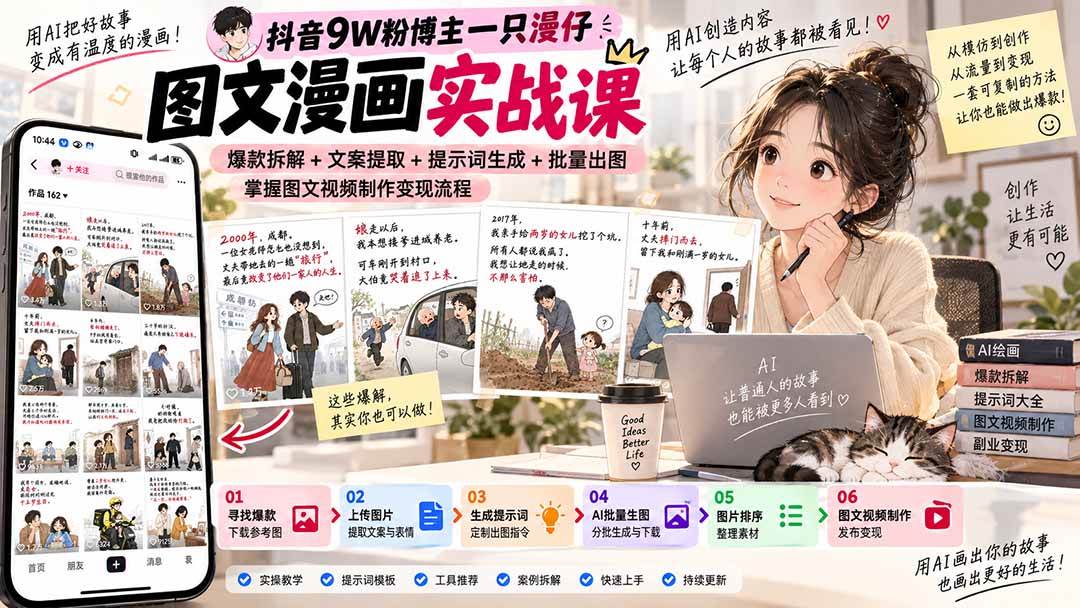 (20584期)抖音9W粉博主一只漫仔图文漫画课:爆款拆解+文案提取+提示词生成+批量出图,掌握图文视频制作变现流程 (20584期)抖音9W粉博主一只漫仔图文漫画课:爆款拆解+文案提取+提示词生成+批量出图,掌握图文视频制作变现流程