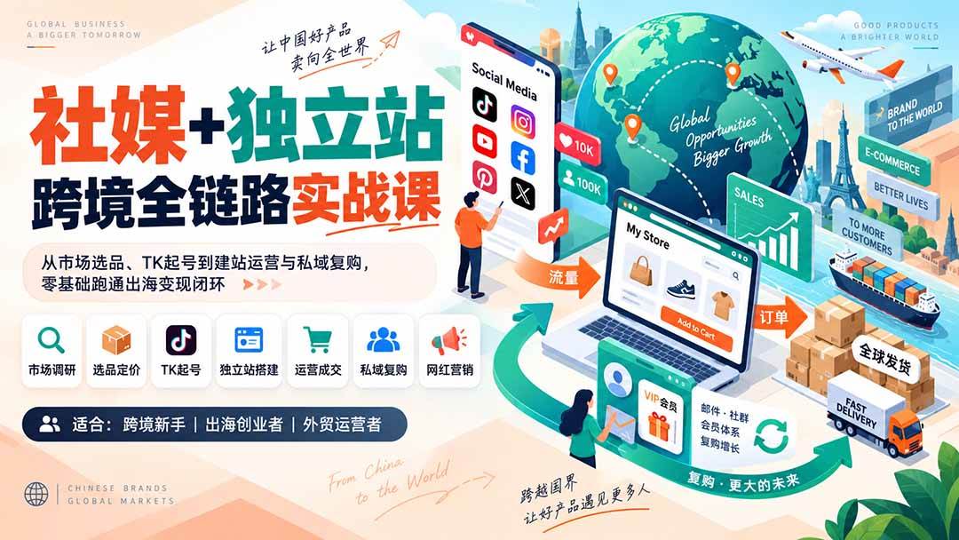 （20361期）社媒+独立站跨境全链路实战课：从市场选品、TK起号到建站运营与私域复购，零基础跑通出海变现闭环-宝藏屋创业网