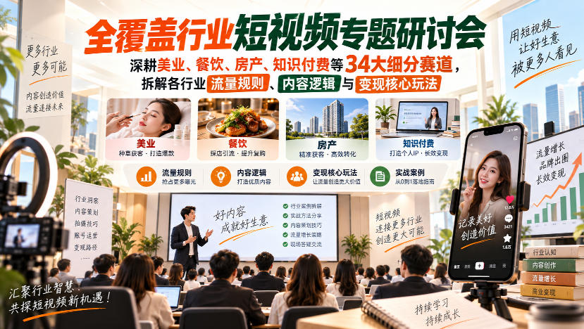 短视频专题研讨会，深耕美业、餐饮、房产、知识付费等34大细分赛道，拆解各行业流量规则、内容逻辑与变现核心玩法-宝藏屋创业网