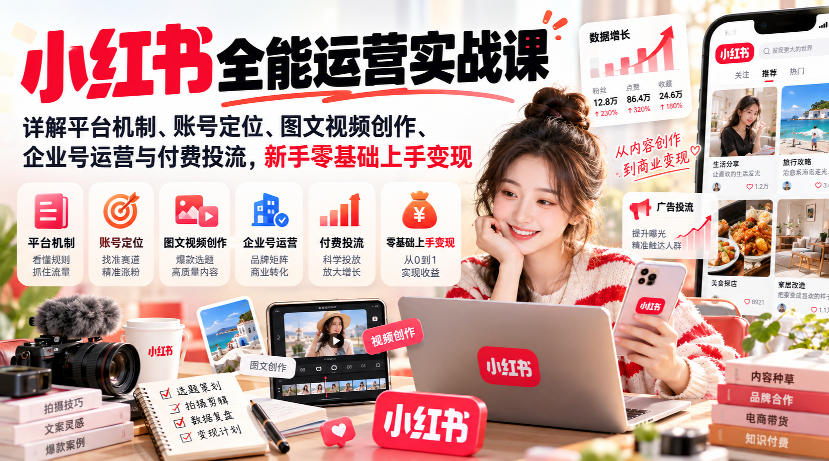 小红书全能运营实战课，详解平台机制、账号定位、图文视频创作、企业号运营与付费投流，新手零基础上手变现-宝藏屋创业网
