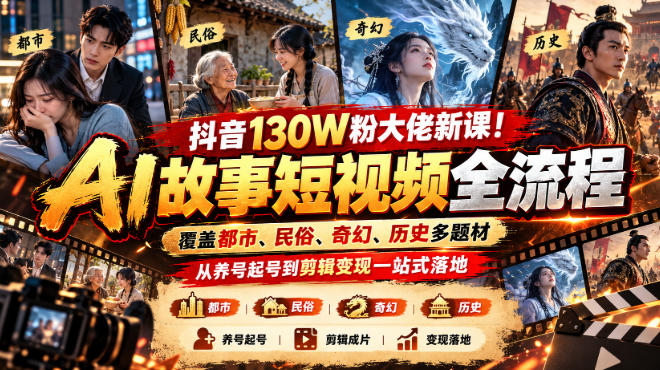 抖音130W粉大佬新课！AI故事短视频全流程，覆盖都市、民俗、奇幻、历史多题材，从养号起号到剪辑变现一站式落地-宝藏屋创业网