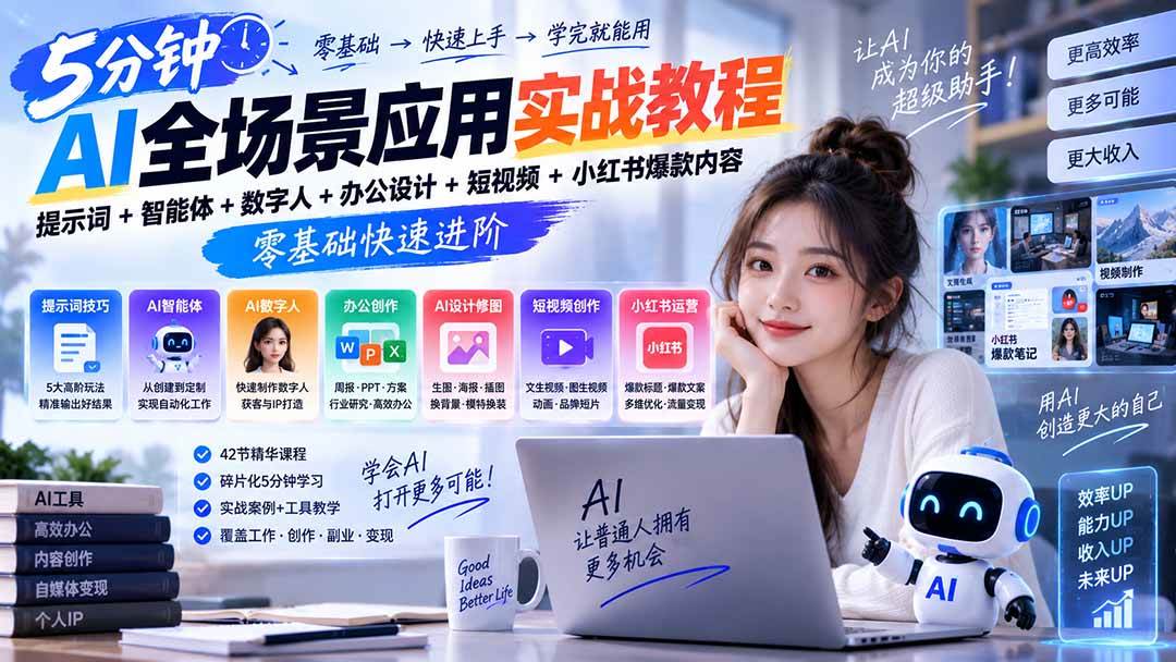 （20493期）AI全场景应用实战教程｜提示词+智能体+数字人+办公设计+短视频+小红书爆款内容，零基础快速进阶-宝藏屋创业网