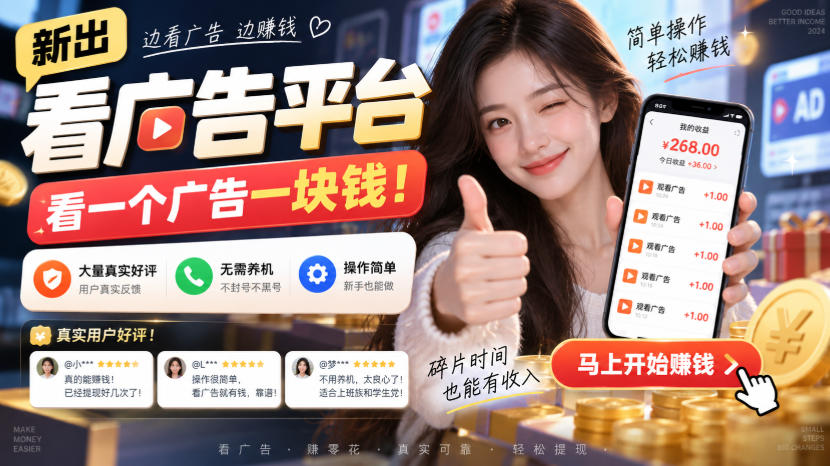 新出看广告平台，看一个广告一块钱，大量真实好评！无需养机、不会黑号，操作简单【揭秘】-宝藏屋创业网