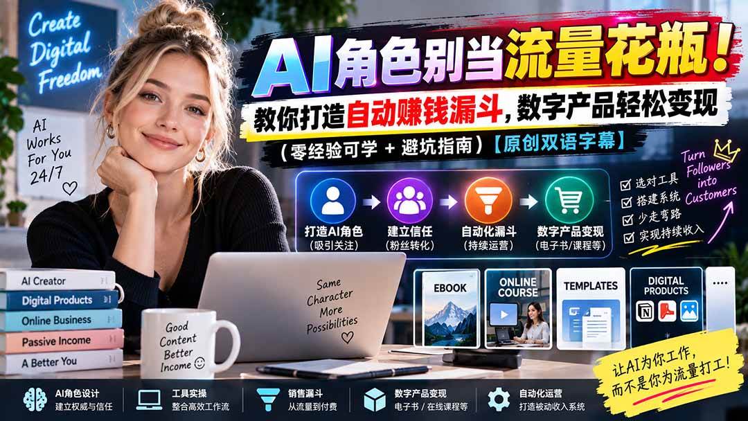 （20475期）AI角色别当流量花瓶！教你打造自动赚钱漏斗，数字产品轻松变现（零经验可学+避坑指南）【原创双语字幕】-宝藏屋创业网