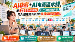 AI获客+AI电商流水线,配21个Skill模板,日产300条内容,用AI搭建属于自己的自媒体运营团队-宝藏屋创业网