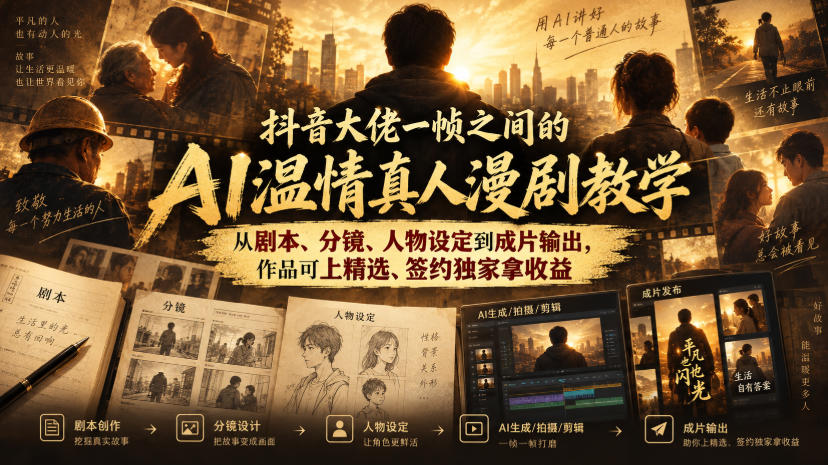 抖音大佬一帧之间的AI温情真人漫剧教学，从剧本、分镜、人物设定到成片输出，作品可上精选、签约独家拿收益-宝藏屋创业网