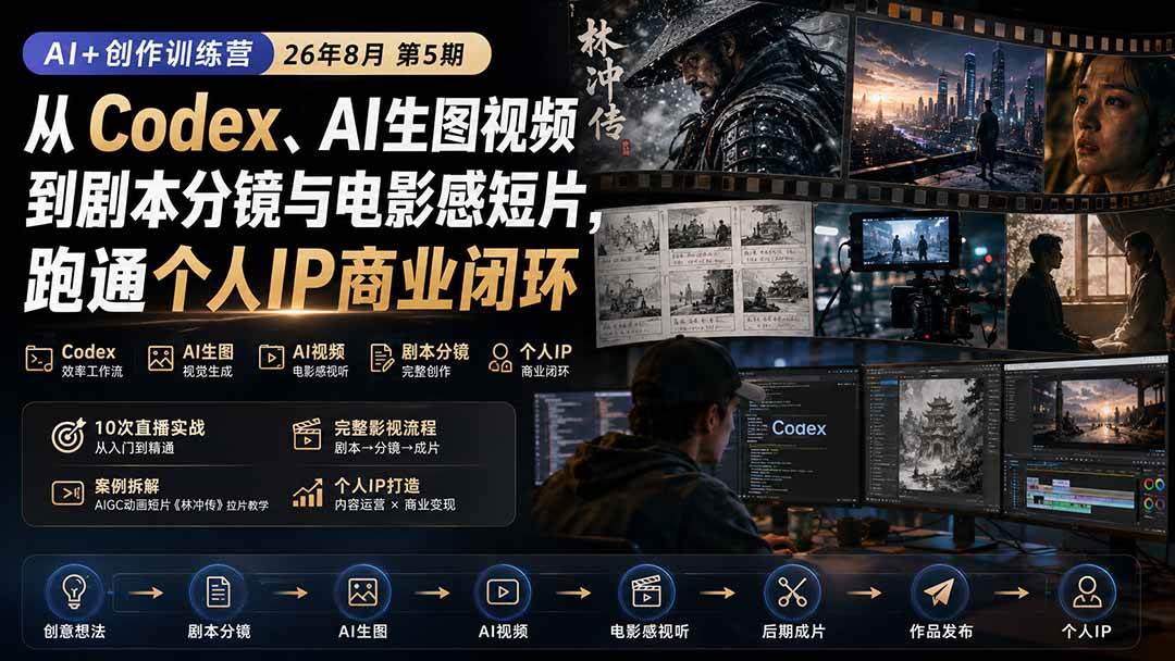 (20259期)AI+创作训练营26年第5期-更新:从Codex、AI生图视频到剧本分镜与电影感短片,跑通个人IP商业闭环 (20259期)AI+创作训练营26年第5期-更新:从Codex、AI生图视频到剧本分镜与电影感短片,跑通个人IP商业闭环
