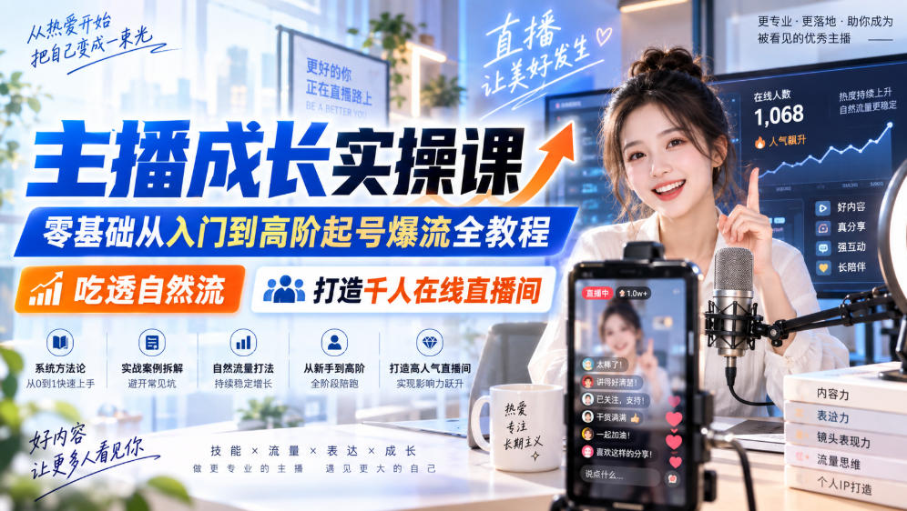 主播成长实操课｜零基础从入门到高阶起号爆流全教程，吃透自然流，打造千人在线直播间-宝藏屋创业网