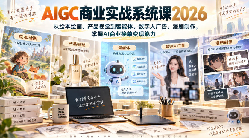 AIGC商业实战系统课2026,从绘本绘画、产品视觉到智能体、数字人广告、漫剧制作,掌握AI商业接单变现能力 AIGC商业实战系统课2026,从绘本绘画、产品视觉到智能体、数字人广告、漫剧制作,掌握AI商业接单变现能力