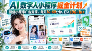 【无水印】AI数字人小程序掘金计划，微信小程序广告变现，每天30‑60分钟，日入100‑1k+-宝藏屋创业网