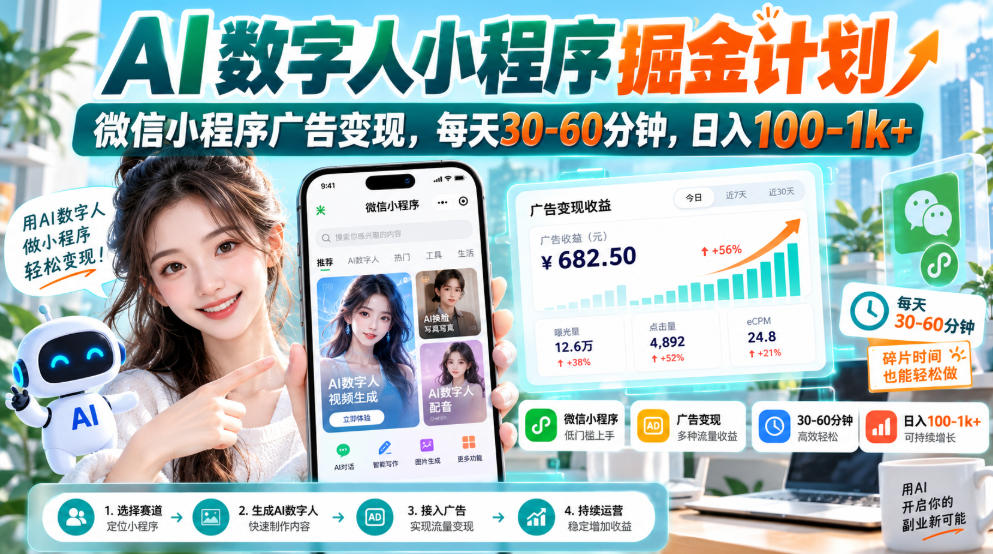 【无水印】AI数字人小程序掘金计划，微信小程序广告变现，每天30‑60分钟，日入100‑1k+-宝藏屋创业网