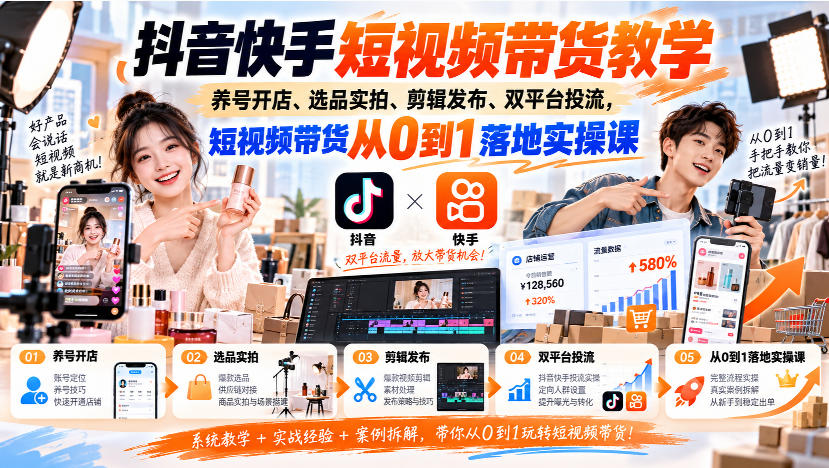 抖音快手短视频带货教学｜养号开店、选品实拍、剪辑发布、双平台投流，短视频带货从0到1落地实操课-宝藏屋创业网