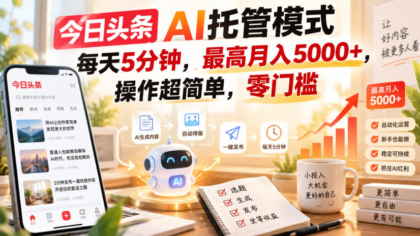 今日头条AI托管模式，每天5分钟，最高月入5000+，操作超简单，零门槛【揭秘】-宝藏屋创业网
