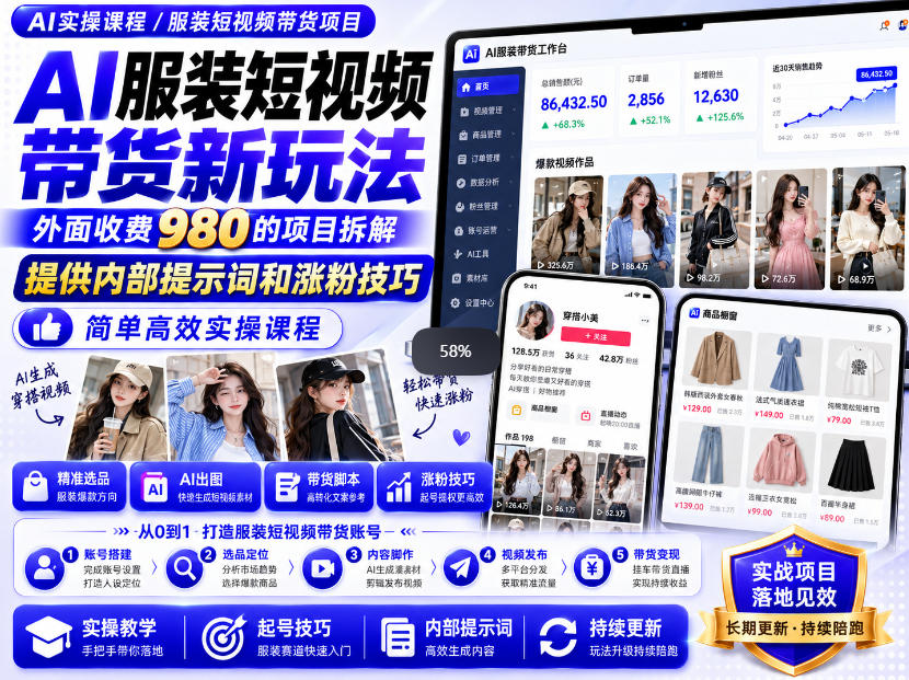 外面收费980AI快手带货系统课程，内部课程首次外放，操作简单高效，一分钟一条爆款视频-宝藏屋创业网