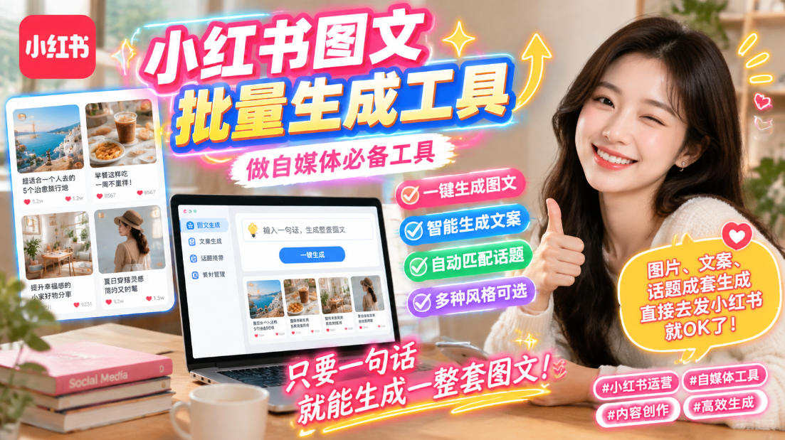 小红书图文批量生成工具,话题、文案、配图一键生成,直接发布,做自媒体必备工具 小红书图文批量生成工具,话题、文案、配图一键生成,直接发布,做自媒体必备工具