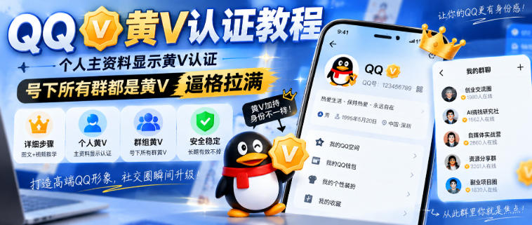 QQ黄V认证教程，个人主资料显示黄V认证，号下所有群都是黄V，逼格拉满-宝藏屋创业网