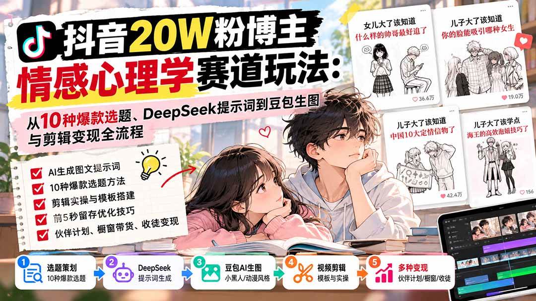 (20688期)抖音20W粉博主-情感心理学赛道玩法:从10种爆款选题、DeepSeek提示词到豆包生图与剪辑变现全流程 (20688期)抖音20W粉博主-情感心理学赛道玩法:从10种爆款选题、DeepSeek提示词到豆包生图与剪辑变现全流程