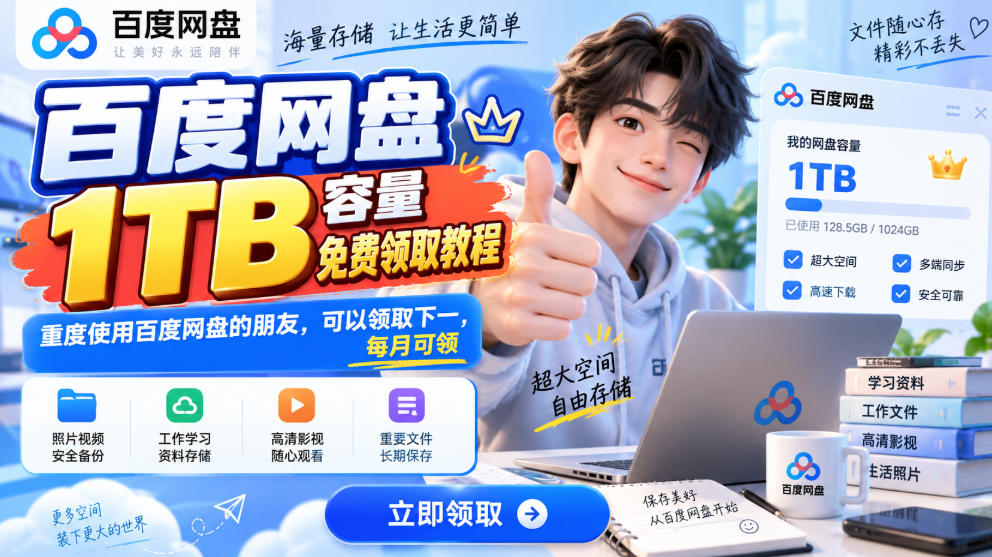 百度网盘1TB容量免费领取教程，重度使用百度网盘的朋友，可以领取下一，每月可领-宝藏屋创业网