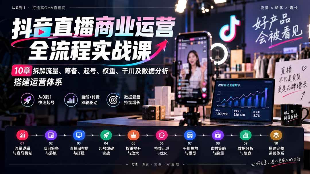 （20407期）抖音直播商业运营全流程实战课：10章拆解流量、筹备、起号、权重、千川及数据分析，搭建运营体系-宝藏屋创业网