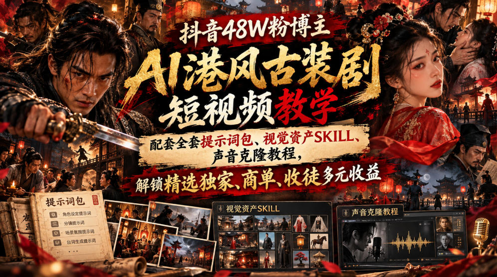 抖音48W粉博主AI港风古装剧短视频教学，配套全套提示词包、视觉资产SKILL、声音克隆教程，解锁精选独家、商单、收徒多元收益-宝藏屋创业网