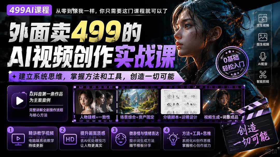 （20307期）外面卖499的AI视频创作实战课：建立系统思维，掌握方法和工具，创造一切可能。-宝藏屋创业网