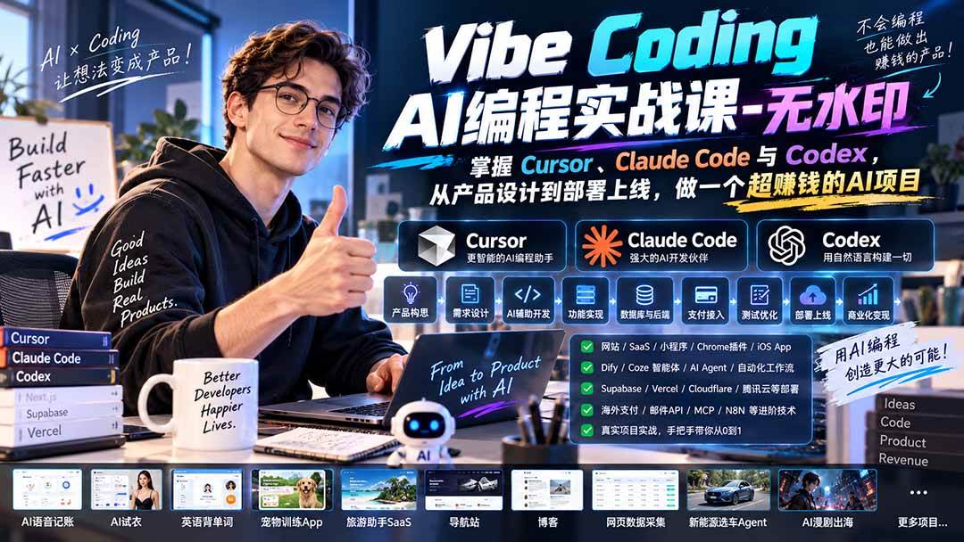 （20431期）Vibe Coding AI编程实战课-无水印：掌握Cursor、Claude Code与Codex，从产品设计到部署上线，做一个超赚钱的AI项目-宝藏屋创业网
