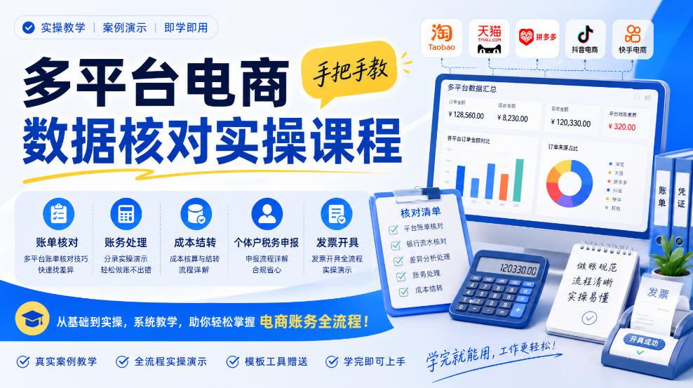 多平台电商数据核对实操课程，手把手教账单核对、账务处理、成本结转、个体户税务申报与发票开具-宝藏屋创业网