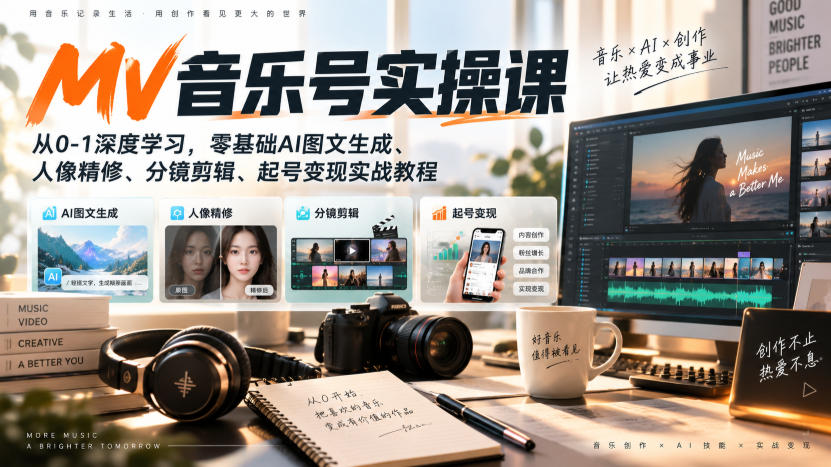 AI MV音乐号实操课，从0-1深度学习，零基础AI图文生成、人像精修、分镜剪辑、起号变现实战教程-宝藏屋创业网