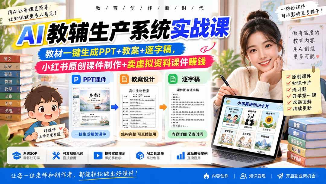 （20583期）AI教辅生产系统实战课-更新0922｜教材一键生成PPT+教案+逐字稿，小红书原创课件制作+卖虚拟资料课件赚钱-宝藏屋创业网