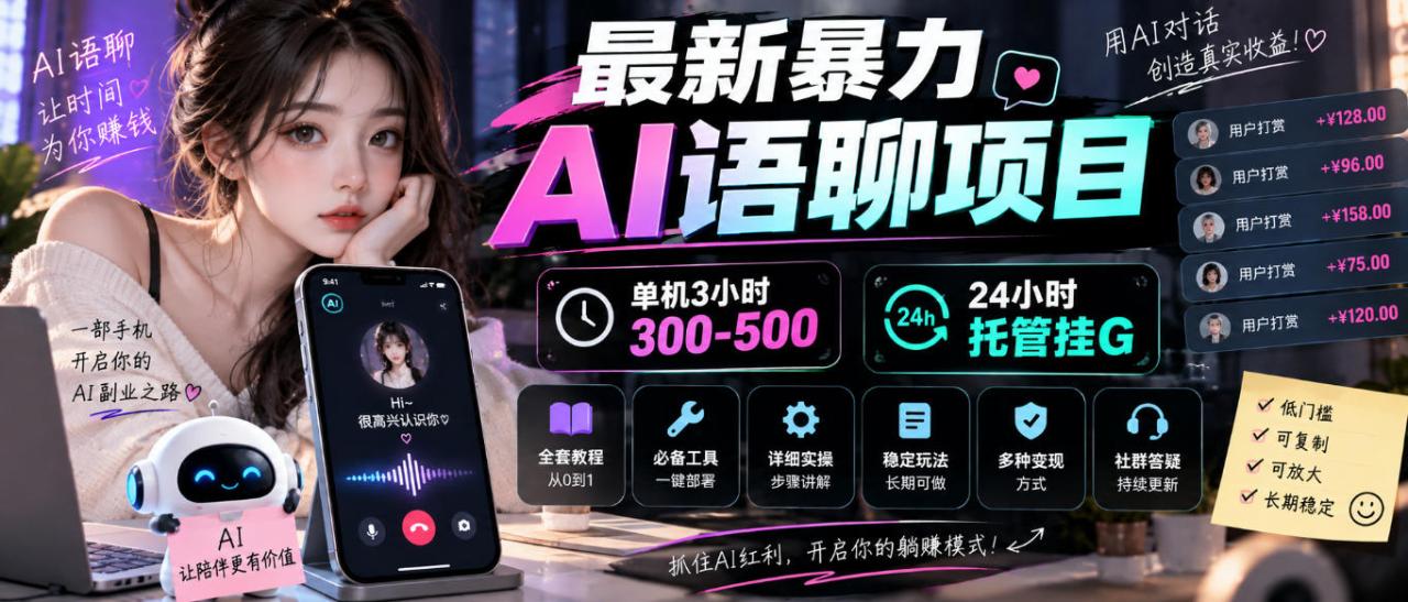 最新暴力AI语聊项目，单机3小时300-500，24小时托管挂G，附全套教程及工具【揭秘】-宝藏屋创业网