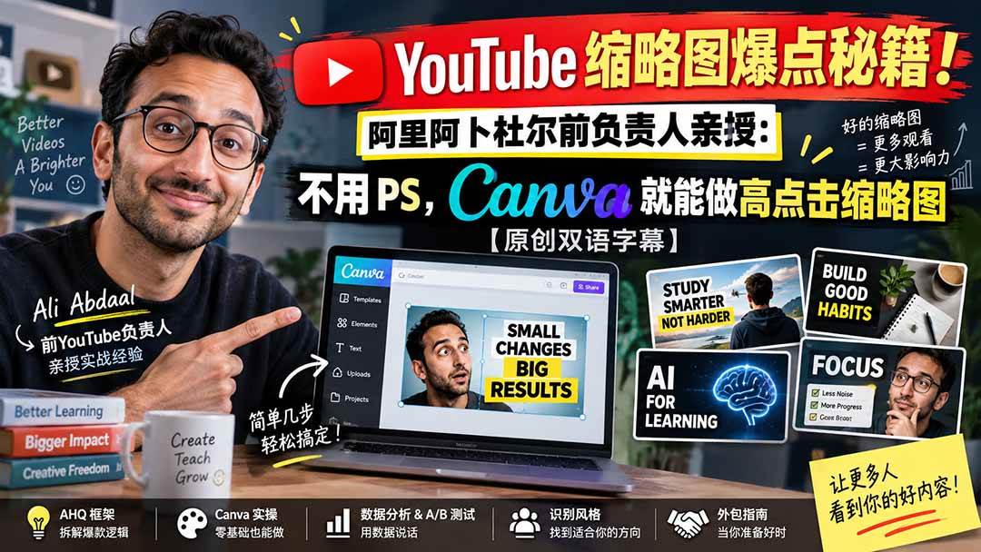 （20474期）YouTube 缩略图爆点秘籍！阿里阿卜杜尔前负责人亲授：不用 PS，Canva 就能做高点击缩略图【原创双语字幕】