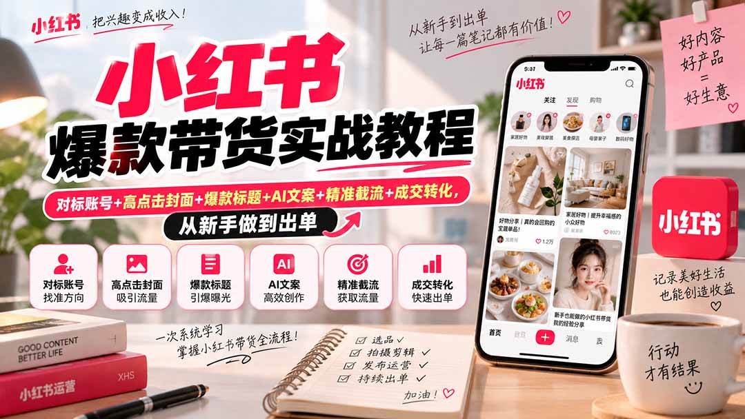 （20473期）小红书爆款带货实战教程｜对标账号+高点击封面+爆款标题+AI文案+精准截流+成交转化，从新手做到出单-宝藏屋创业网