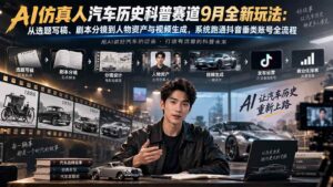 （20413期）AI仿真人汽车历史科普赛道9月全新玩法：从选题写稿、剧本分镜到人物资产与视频生成，系统跑通抖音垂类账号全流程-宝藏屋创业网